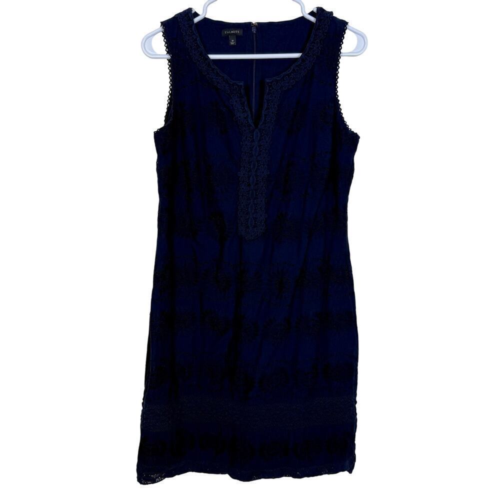Talbots Navy Eyelet Shift Dress Size 10 100% Cotton EUC Classic, Coastal